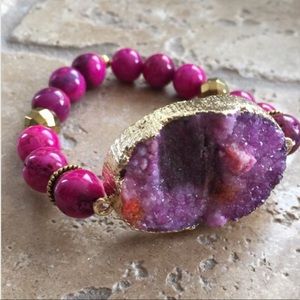 Pink Druzy Beaded Gemstone Stretch Bracelet